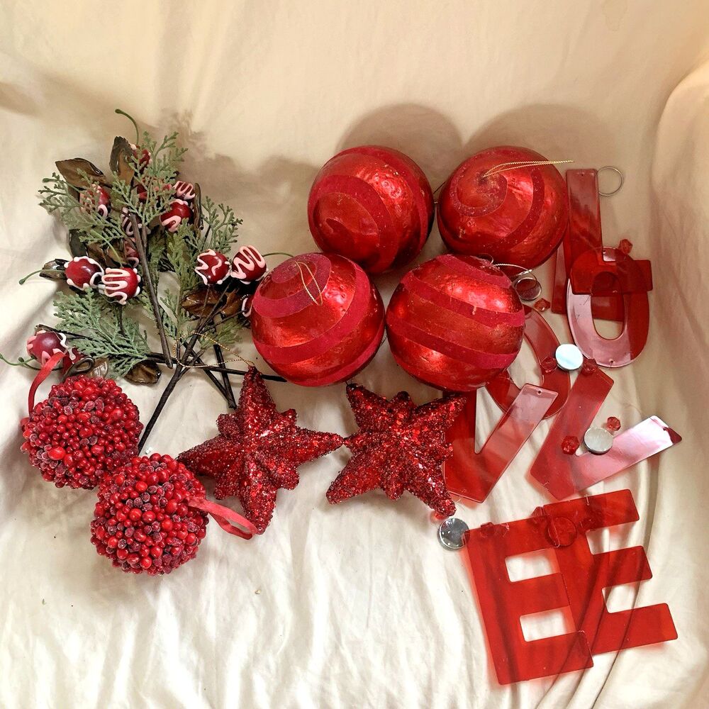 VTG Lot RED CHRISTMAS ORNAMENTS Decor, BEADED COLORFUL, Glitter, Love, Cherries